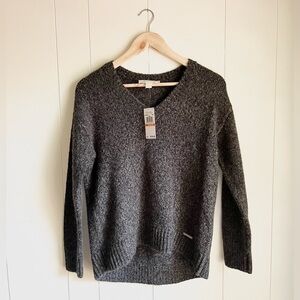 NWT Michael Kors V Neck Grey Black Wool Cotton Long Sleeve Sweater Hi-lo…